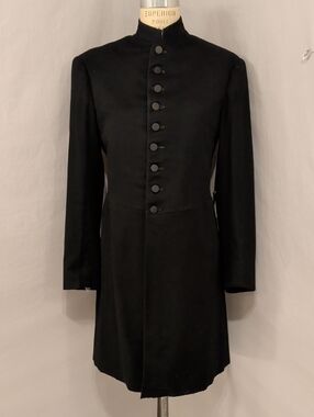 Antique Black Wool Military Frock Stand Collar  Coat Dress Jacket Front Button